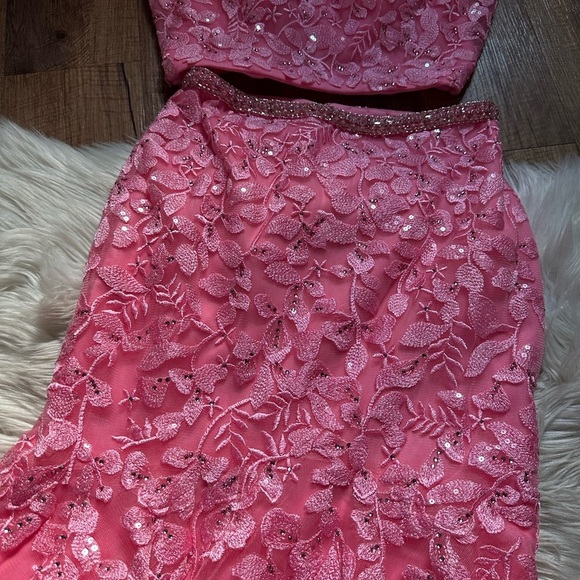 MORI LEE Bright Pink 2 Piece Floral Sparkly Lace Up Prom Gown - Picture 9 of 13